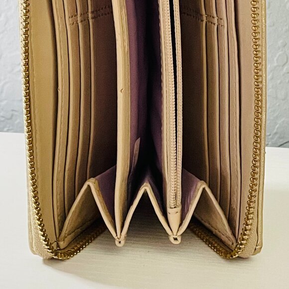 COACH Signature Zip Around Wallet Khaki Canvas Gold Bow Charm - Picture 8 of 9